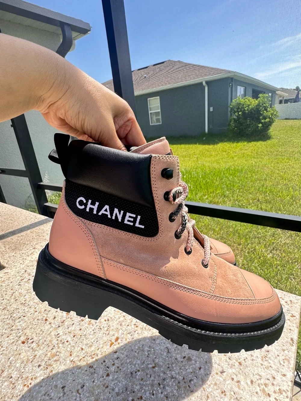 Chanel Pink suede and leather lace-up combat boots  Cc Logo. US Sz 8- 8.5 EU 39